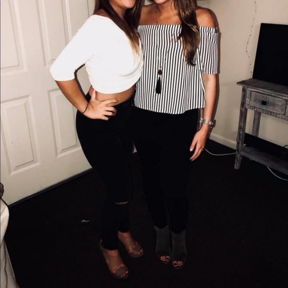 Black and white striped off the shoulder top